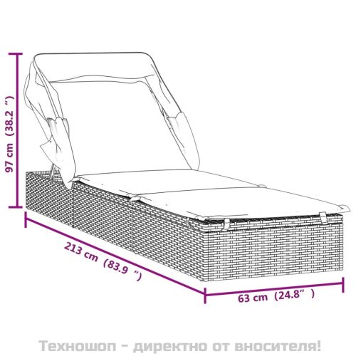 Шезлонг със сгъваем покрив, черен, 213x63x97 см, полиратан