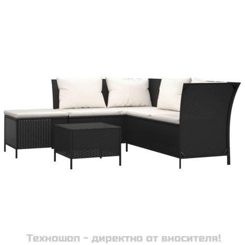 Градински лаундж комплект с възглавници 4 части черен полиратан