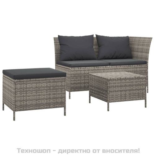 Градински лаундж комплект с възглавници 3 части сив полиратан