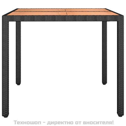 Градинска маса с дървен плот, черна, полиратан и акация масив