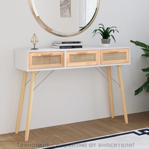 Конзолна маса, бяла, 105x30x75 см, бор масив и естествен ратан