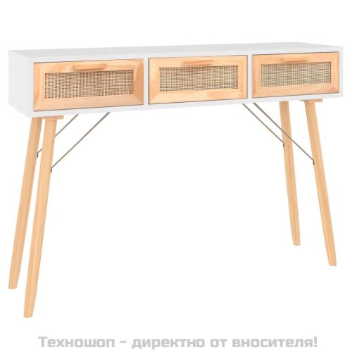 Конзолна маса, бяла, 105x30x75 см, бор масив и естествен ратан