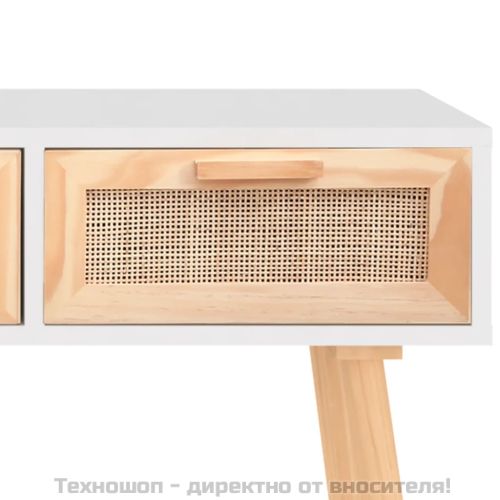 Конзолна маса, бяла, 105x30x75 см, бор масив и естествен ратан