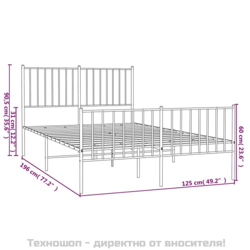 Метална рамка за легло с горна и долна табла, бяла, 120x190 см