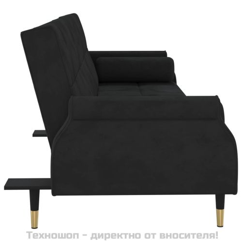 Разтегателен диван с възглавници, черен, кадифе