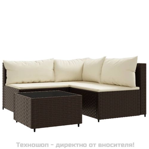 Градински комплект с възглавници, 4 части, кафяв, полиратан