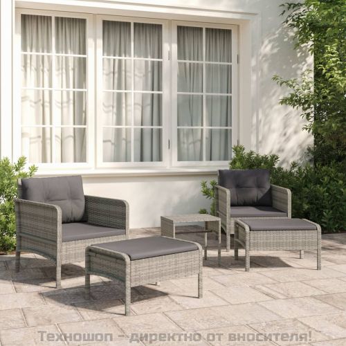 Градински лаундж комплект с възглавници 5 части сив полиратан