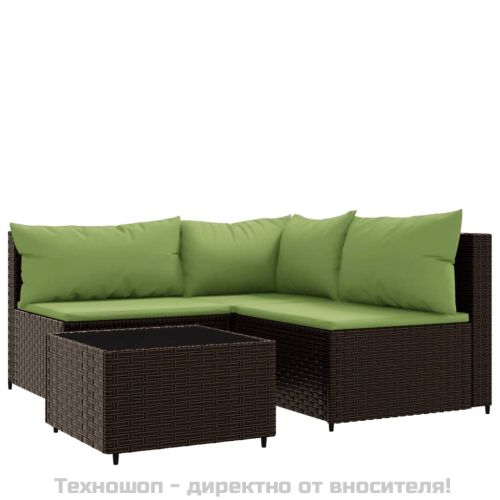 Градински комплект с възглавници, 4 части, кафяв, полиратан