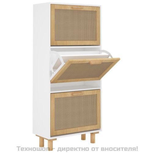 Шкаф за обувки, бял, 52x25x115 см, инженерно дърво и ратан