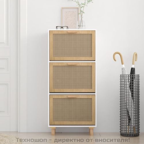 Шкаф за обувки, бял, 52x25x115 см, инженерно дърво и ратан