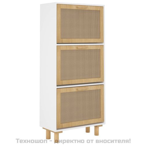 Шкаф за обувки, бял, 52x25x115 см, инженерно дърво и ратан