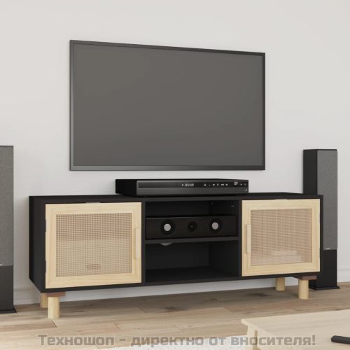 ТВ шкаф, черен, 105x30x40 см, бор масив и естествен ратан