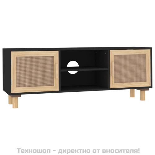 ТВ шкаф, черен, 105x30x40 см, бор масив и естествен ратан