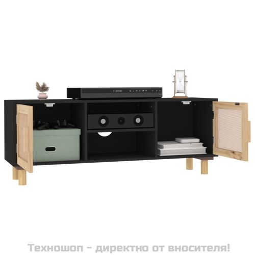 ТВ шкаф, черен, 105x30x40 см, бор масив и естествен ратан