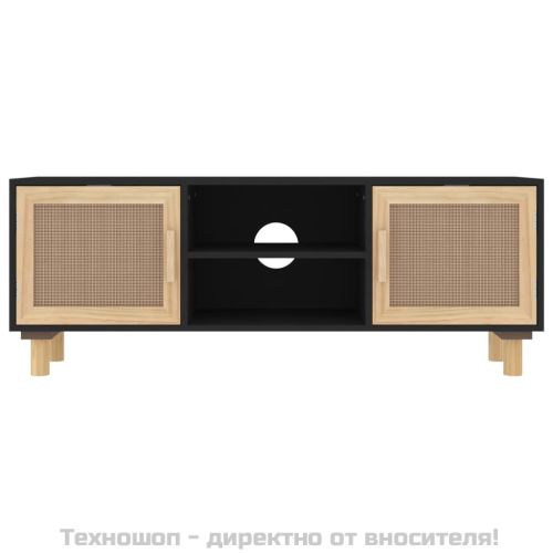 ТВ шкаф, черен, 105x30x40 см, бор масив и естествен ратан
