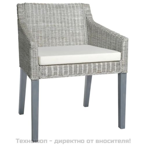 Трапезен стол с възглавница, сив, естествен ратан