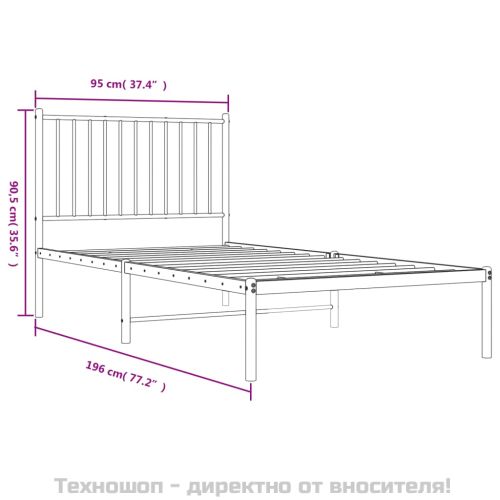 Метална рамка за легло с горна табла, бяла, 90x190 см