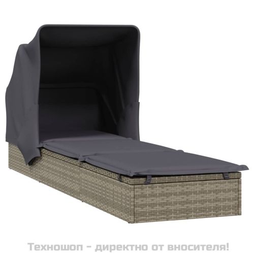 Шезлонг със сгъваем покрив, сив, 213x63x97 см, полиратан