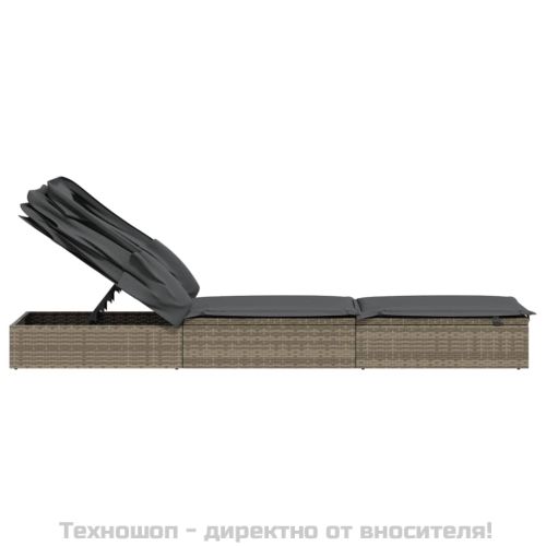 Шезлонг със сгъваем покрив, сив, 213x63x97 см, полиратан