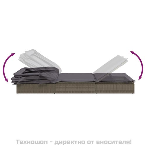 Шезлонг със сгъваем покрив, сив, 213x63x97 см, полиратан