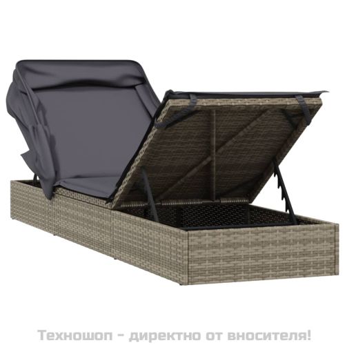 Шезлонг със сгъваем покрив, сив, 213x63x97 см, полиратан