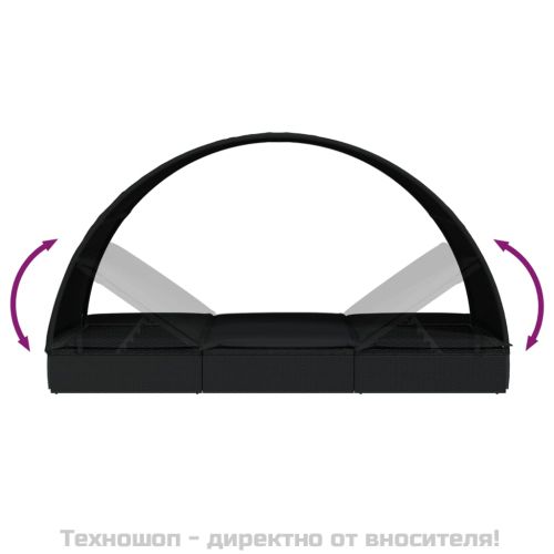 2-местен шезлонг с объл покрив, черен, 211x112x140 см полиратан