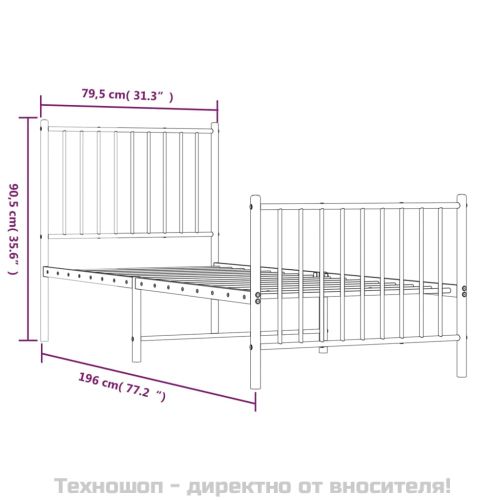 Метална рамка за легло с горна и долна табла, бяла, 75x190 см
