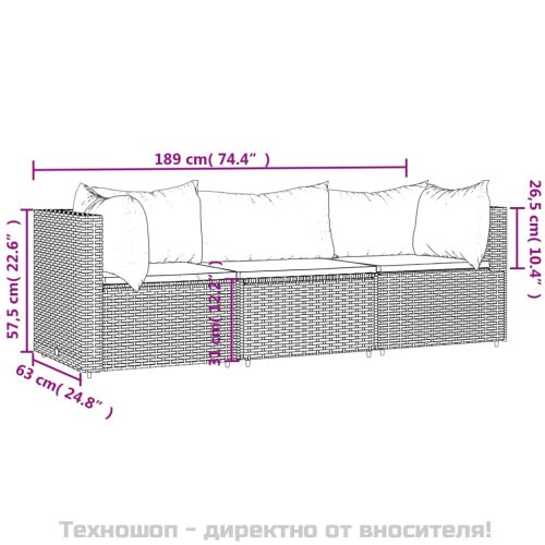 Градински лаундж комплект с възглавници 3 части черен полиратан