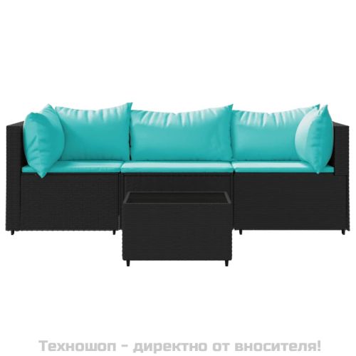 Градински лаундж комплект с възглавници 4 части черен полиратан