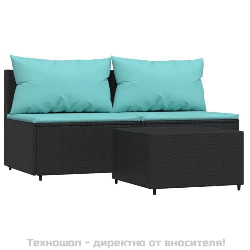 Градински лаундж комплект с възглавници 3 части черен полиратан