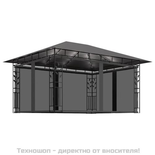 Шатра с мрежа срещу комари и LED стрингове 4x3x2,73 м антрацит