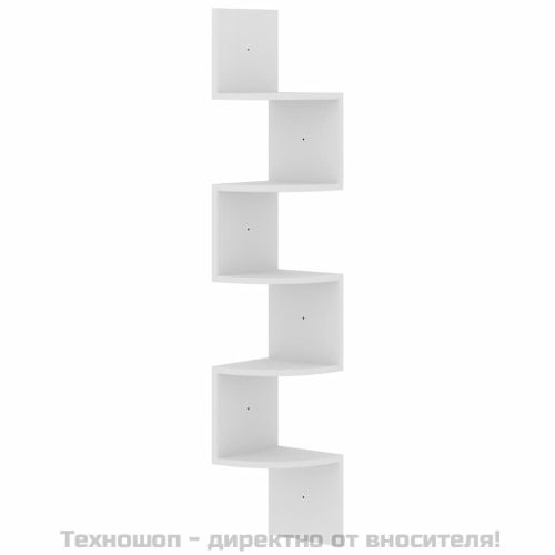 Стенен ъглов рафт, бял, 19x19x123 см, инженерно дърво