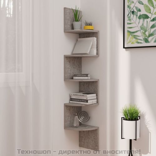 Стенен ъглов рафт, бетонно сив, 19x19x123 см, инженерно дърво