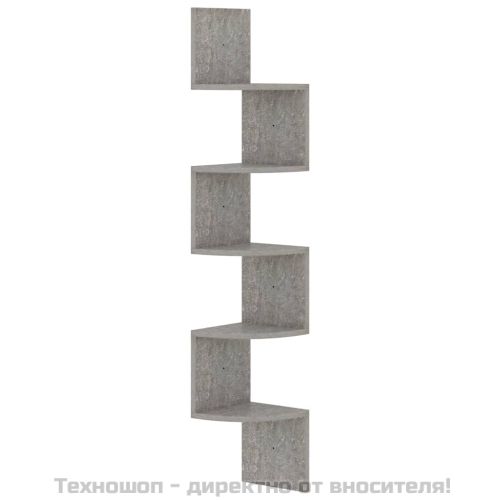 Стенен ъглов рафт, бетонно сив, 19x19x123 см, инженерно дърво