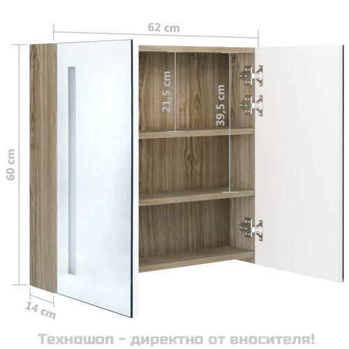 LED шкаф с огледало за баня, бяло и цвят дъб, 62x14x60 см