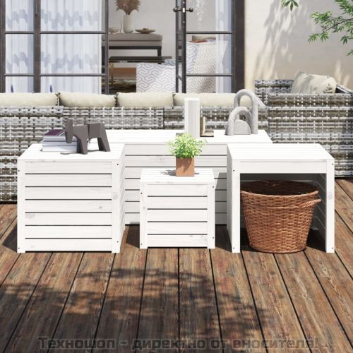 Комплект градински кутии от 4 части, бели, масивно дърво бор