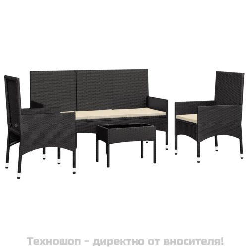 Градински лаундж комплект с възглавници 4 части черен полиратан