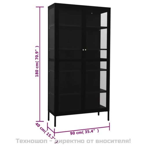 Витрина, черна, 90x40x180 см, стомана и закалено стъкло