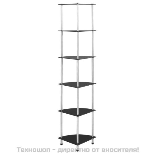 6-етажен рафт, черен, 30x30x160 см, закалено стъкло