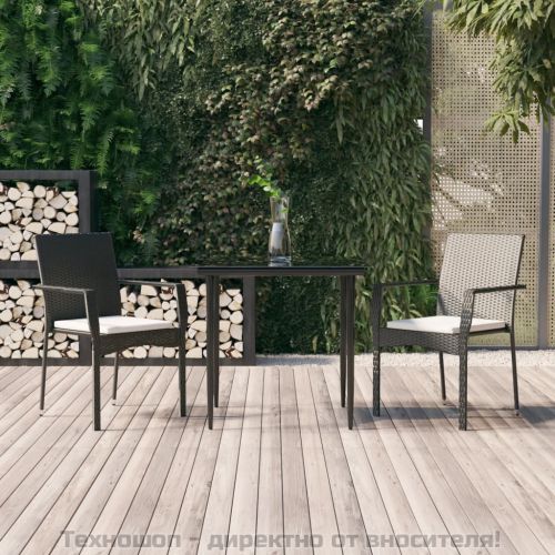 Градински комплект от 3 части с възглавници черни полиратан