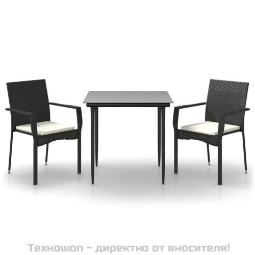 Градински комплект от 3 части с възглавници черни полиратан