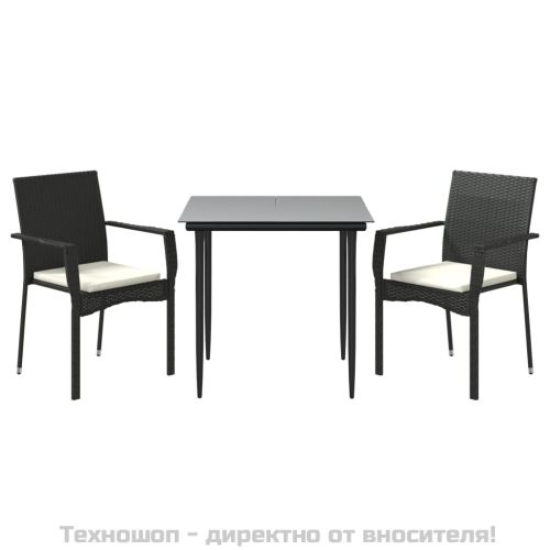 Градински комплект от 3 части с възглавници черни полиратан