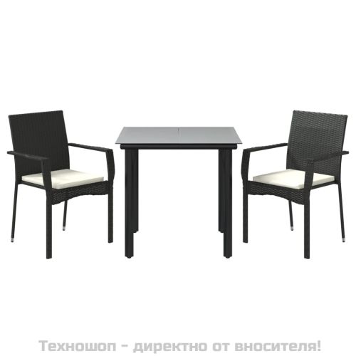 Градински комплект от 3 части с възглавници черни полиратан