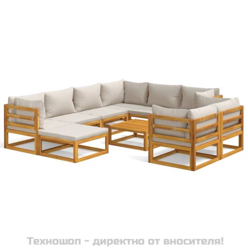 Градински комплект със светлосиви възглавници, 10 части, масив