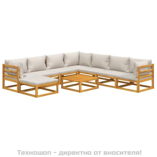 Градински комплект със светлосиви възглавници, 9 части, масив