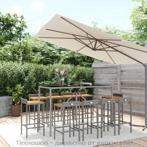 Градински бар комплект 11 части сив полиратан и акация масив