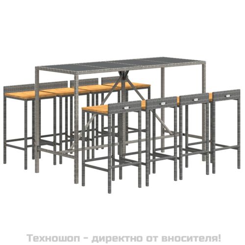 Градински бар комплект 9 части сив полиратан и акация масив