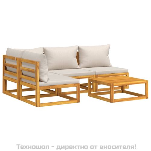 Градински комплект със светлосиви възглавници, 5 части, масив