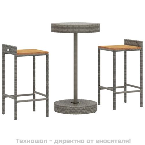 Градински бар комплект 3 части сив полиратан и акация масив