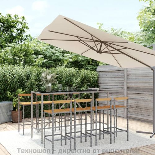 Градински бар комплект 9 части сив полиратан и акация масив